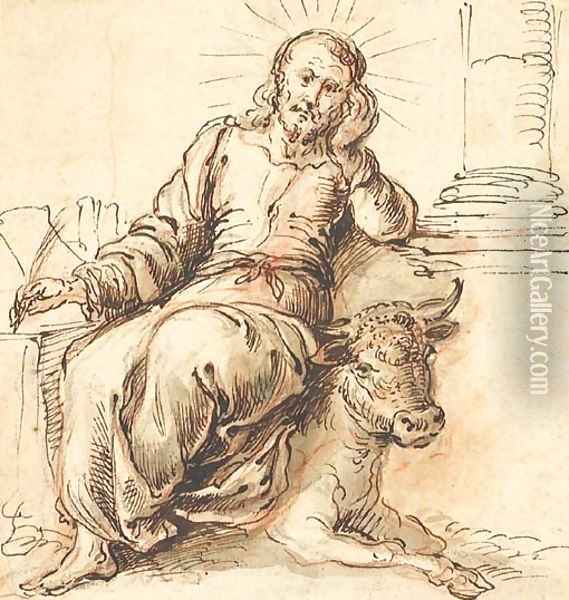 Saint Luke writing, seated on a bull Oil Painting - Jeronimo de Bobadilla