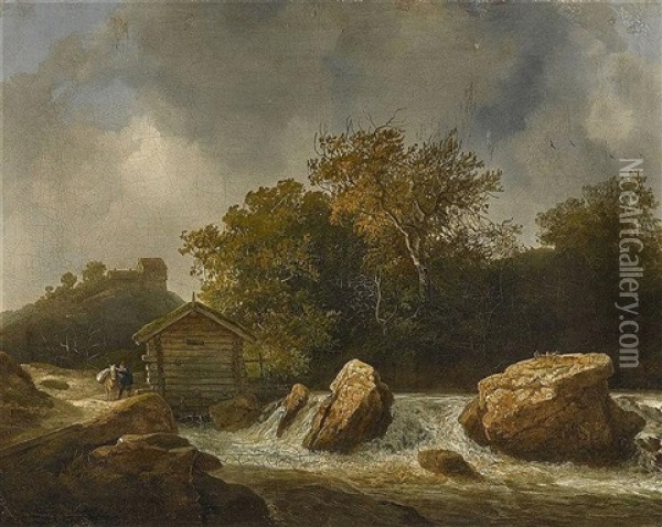 Nordische Flusslandschaft Mit Stromschnelle Oil Painting - Johann Christian Michael Ezdorf
