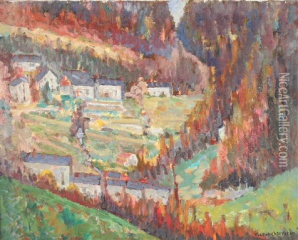 Village In A Fall Landscape Oil Painting - Victor Charreton