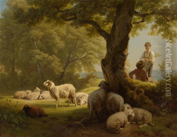 Schafer Mit Herde In Einer Landschaft Oil Painting - Robert Eberle