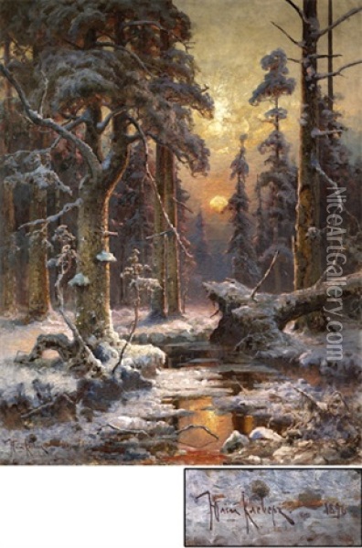 Winterliches Waldinneres Bei Sonnenuntergang Oil Painting - Yuliy Yulevich (Julius) Klever