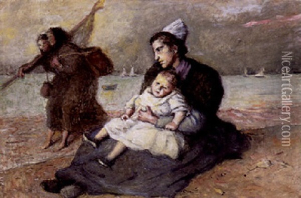 Femme De Marin Et Son Enfant Devant La Rade Oil Painting - Jacques Eugene Feyen