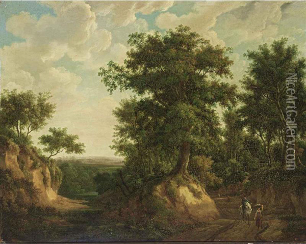 An Extensive Wooded Landscape With A Horseman, A Maid And Other Travellers On A Path Oil Painting - Maximilien Lambert Gelissen