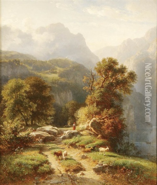 Goat Herding In The Alps Oil Painting - Eduard Friedrich Pape