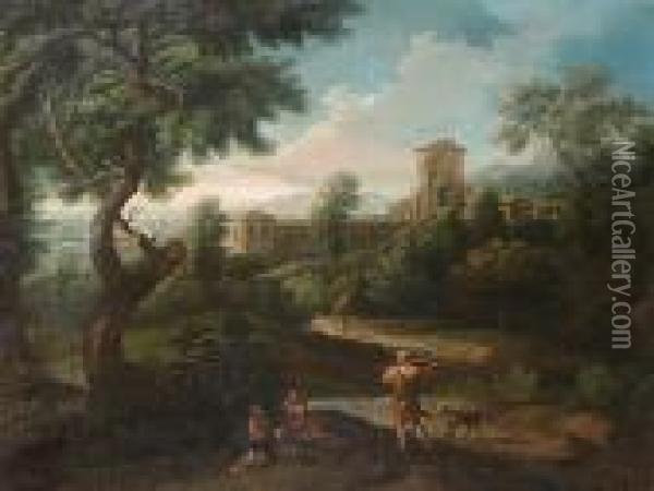 An Arcadian Landscape With Travellers On A Path, A Walled Village Beyond Oil Painting - Gaspard Dughet Poussin