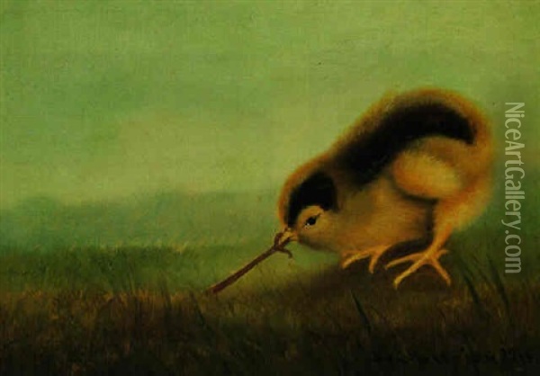 Chick Pulling On A Worm Oil Painting - Ben Austrian