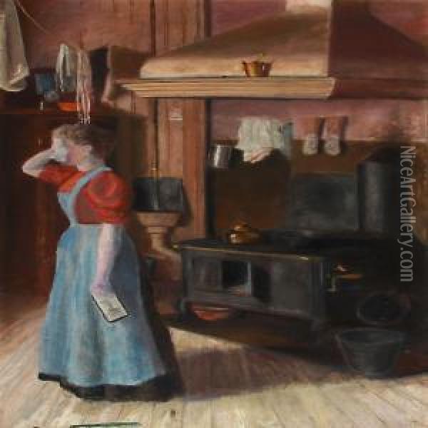 Kitchen Interior With A Woman In Tears Oil Painting - Oscar Gronmyra