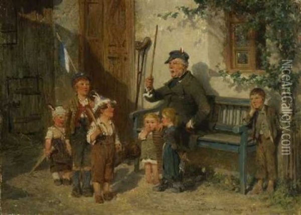 Kinder Mit Ihrem Grosvater, Soldat Spielend Oil Painting - Hugo Wilhelm Kauffmann