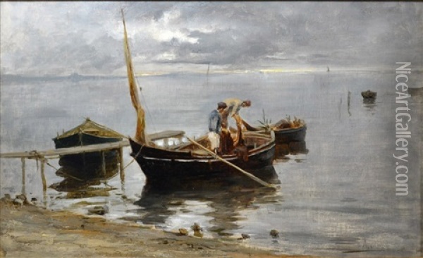 Figures Inspecting Nets Aboard A Small Wooden Fishing Boat Oil Painting - Jacques Barthelemy