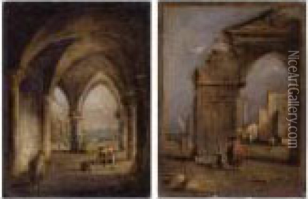 Capriccio Of A Ruined Arch With A
 Man In A Red Coat And Capriccio Of The Arcade Of The Doge's Palace: A 
Pair Of Paintings Oil Painting - Francesco Guardi