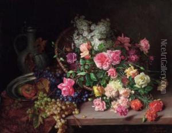 Garden Flowers In A Basket With Grapes And Apples On A Table Oil Painting - Hans Buchner