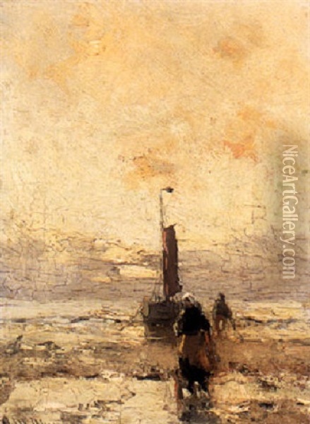 Figures On The Beach Near A Moored Bomschuit Oil Painting - Gerhard Arij Ludwig Morgenstjerne Munthe