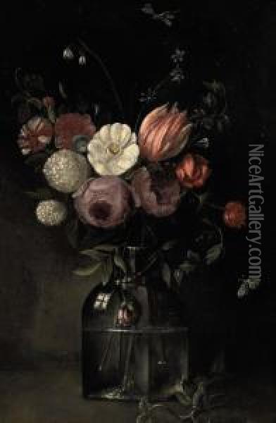 Roses, Tulips, A Snowball, Carnations, Loddon Lilies And An Anemonein A Glass Vase On A Ledge Oil Painting - Jan van Kessel