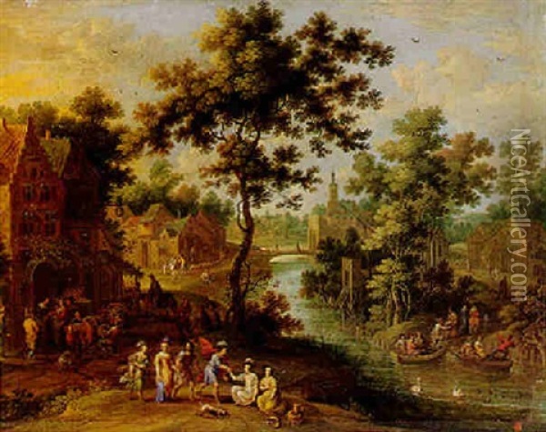 Extensive Landscape With Figures And A Village By The Banks Of A River Oil Painting - Jan van den Hecke the Elder