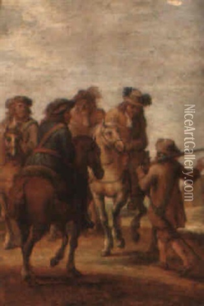 A Cavalry Party Conversing With A Foot Soldier Oil Painting - Lambert de Hondt