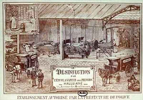 Poster advertising Machinery for Disinfection by Steam produced by Hallu Aine, end nineteenth century Oil Painting - Bourdelin, Emile