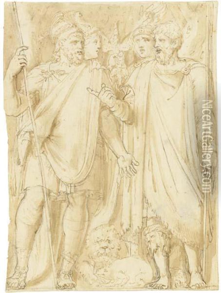 Quatre Soldats Romains Avec A Leurs Pieds, Un Lion, Une Tortue Et Une Salamandre Oil Painting - Pirro Ligorio