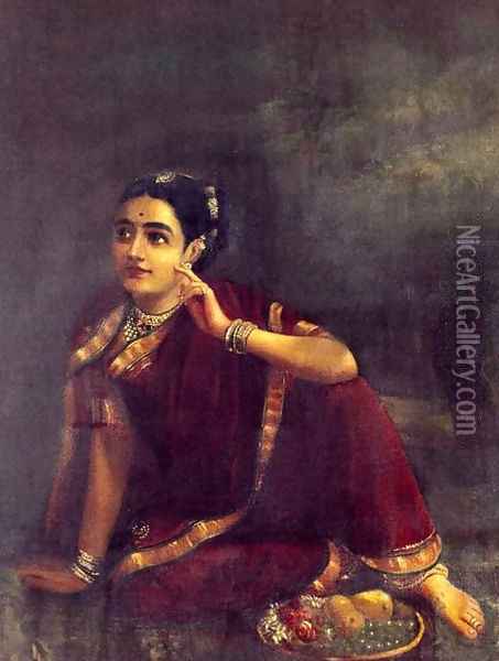 Radha Waiting for Krishna Oil Painting - Raja Ravi Varma