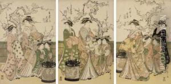 The Courtesans Utaba Of The Takeya Oil Painting - Chobunsai Eishi