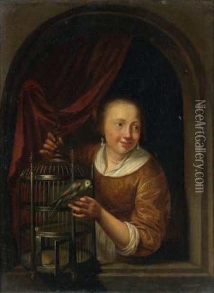 Jeune Fille A La Perruche, Dans Une Fenetre Cintree Oil Painting - Pieter Cornelisz van Slingeland