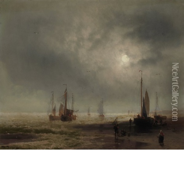 Seascape With Boats And Figures On A Beach Oil Painting - Hermann Herzog