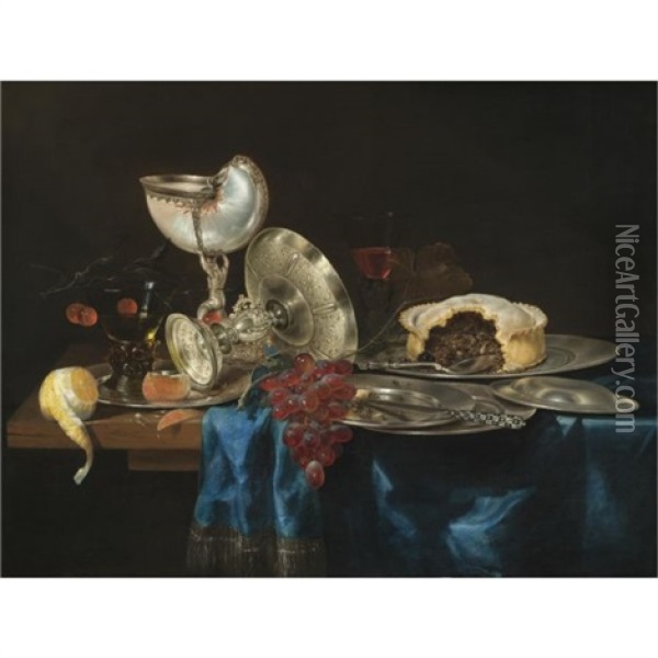 Still Life With A Nautilus Cup, A Meat Pie, A Bunch Of Grapes, Some Pewter Plates And A Partly-peeled Lemon, All Arranged On A Partly Draped Table Oil Painting - Gerrit Willemsz. Heda