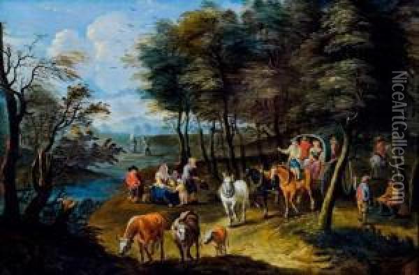Paysans Et Promeneurs Dans Un Paysage Forestier Oil Painting - Balthasar Beschey