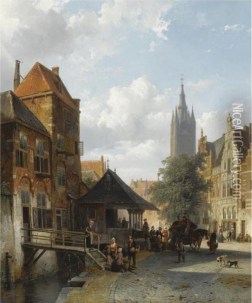 Figures At The Fish Market In Delft Oil Painting - Cornelis Springer