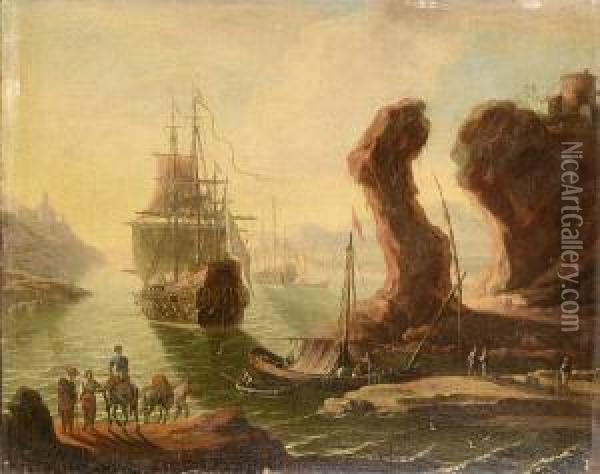 A Rocky Coastal Inlet With Travellers On The Shore And Dutch Shipping At Anchor Beyond Oil Painting - Adriaen Van Der Kabel