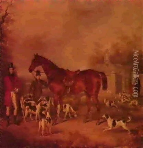 Portrait Of A Huntsman And Hiswhipper-in With A Bay Hunter  And Hounds Before Woodfold Park, Blackburn. Oil Painting - Richard Jones