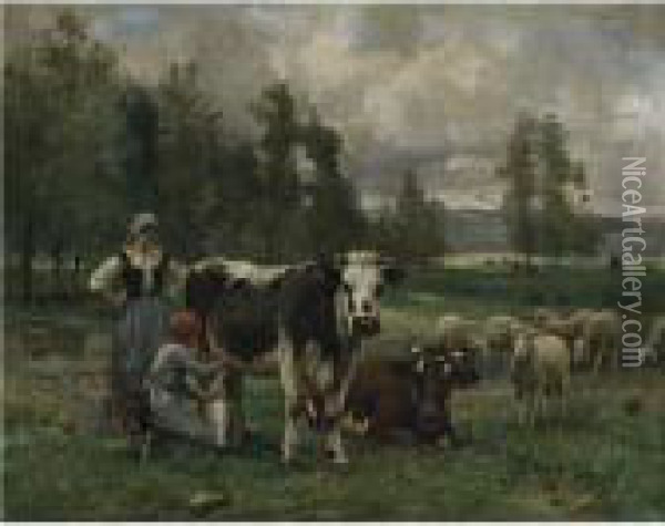 Milkmaids In The Pasture Oil Painting - Julien Dupre