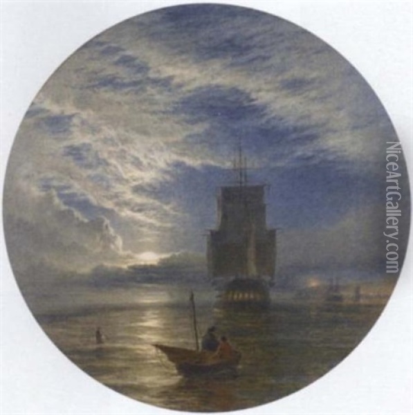 A Frigate Becalmed Off A Port By Moonlight Oil Painting - Henry Dawson