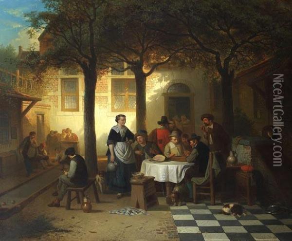 Gasthausszene In Einem Innenhof Mit Boule- Und Tric-trac-spielern Oil Painting - Adrien Ferdinand de Braekeleer