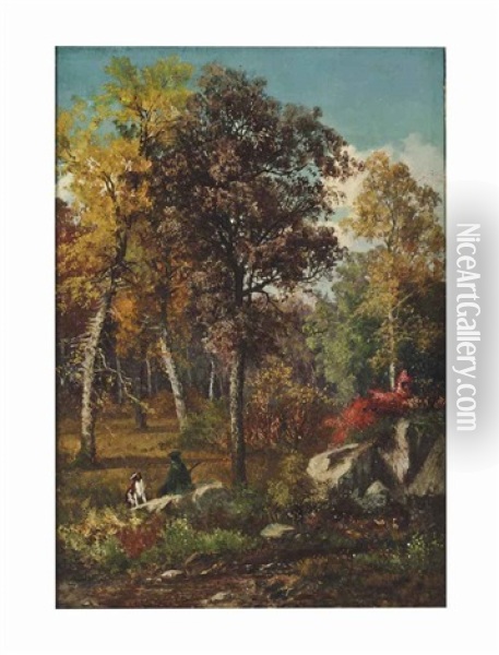 A Hunter And His Dog In A Fall Landscape Oil Painting - Frederick Rondel