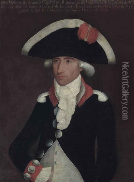 Portrait Of Don Melchor De Sequera, Half-length, In The Uniform Of A Captain In The Infantry Regiment Of The Crown Of New Spain Oil Painting - Jose de Alcibar