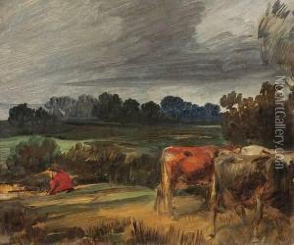 Rotjacke Und Weidende Kuhe In Hugeliger Landschaft Oil Painting - Wilhelm Busch