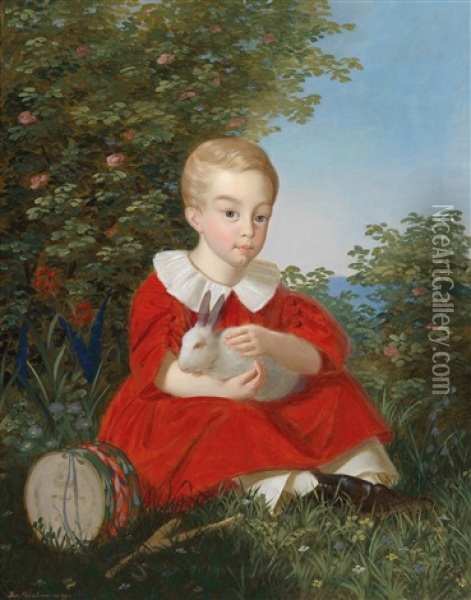 Portrait Of A Boy With Dwarf Rabbit In His Arm Oil Painting - Joseph Weidner