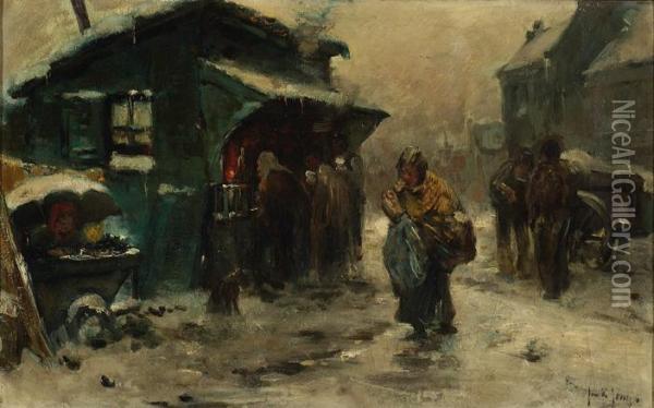 Figures On A Snow Covered Street Oil Painting - Jan De Jong