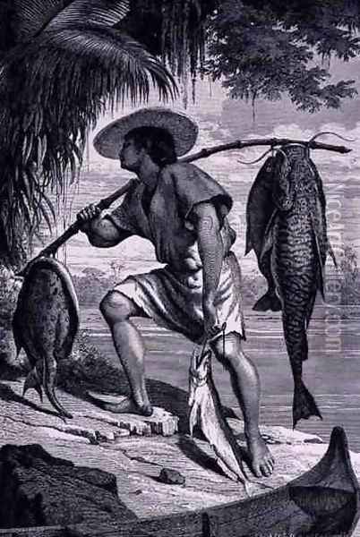 One of our Mojo Indians returning from fishing from The Amazon and Madeira Rivers Oil Painting - Franz Keller