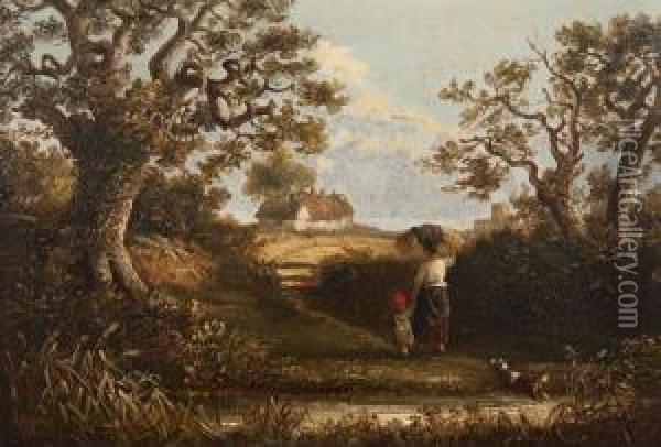 A Gleaner And Her Child Approaching A Stile With Harvest Field Beyond Oil Painting - Thomas Smythe