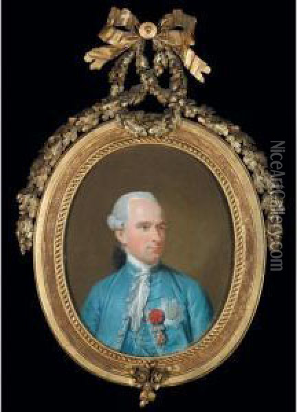 Portrait Of A Nobleman, Half Length, Wearing A Blue Coat And Waistcoat, And Wearing Various Chivalric Orders, Said To Be Count Maredleme Oil Painting - Johann Heinrich Schmidt