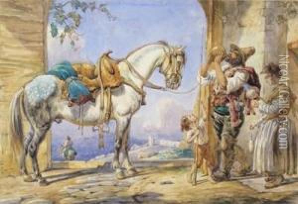 A Rustic With A Horse And A Lady Spinning Oil Painting - Arthur John Strutt