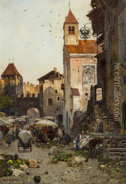 Markt In Kollmann (sudtirol) Oil Painting - Robert Russ