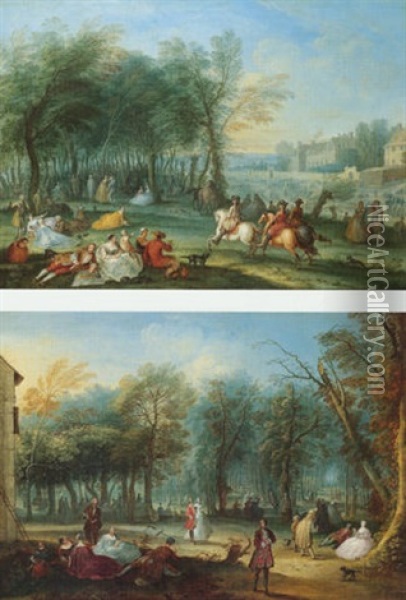 A Fete Champetre With Elegant Figures Resting And Horsemen Riding By A Wood Oil Painting - Francois Octavien