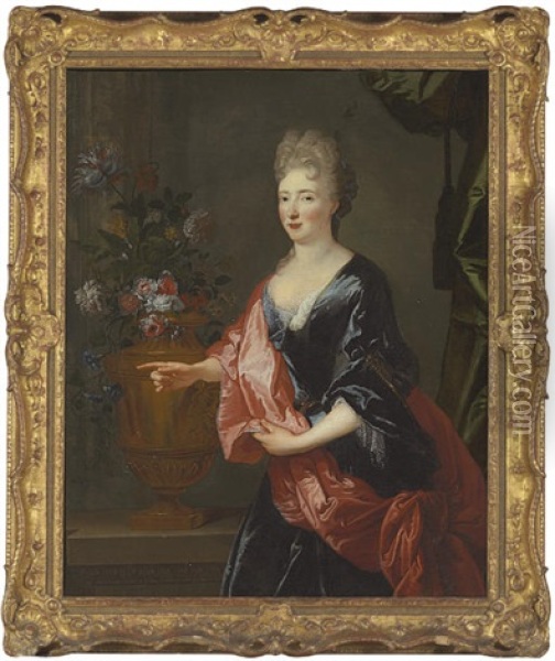 Portrait Of A Lady (duchesse Francoise Marie De Bourbon?) In A Blue Dress Oil Painting - Nicolas de Largilliere