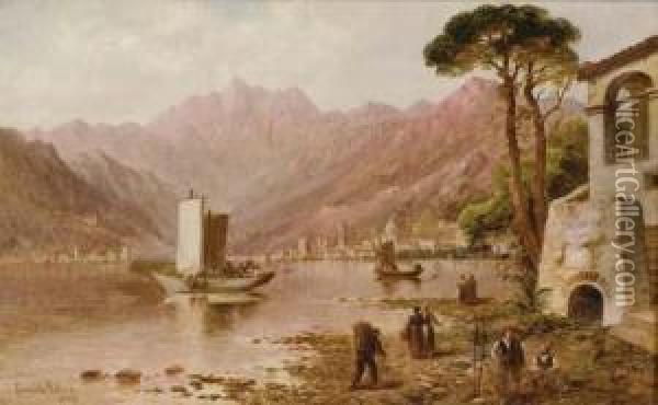 View Of Lake Como With Figures On The Shore Oil Painting - Granville Perkins