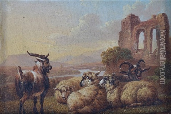Goats And Cattle In A Landscape Oil Painting - Charles Towne