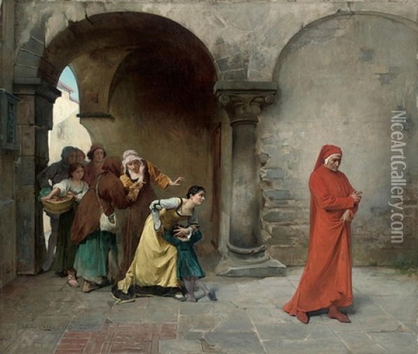 Dante In Verona Oil Painting - Antonio Maria Cotti