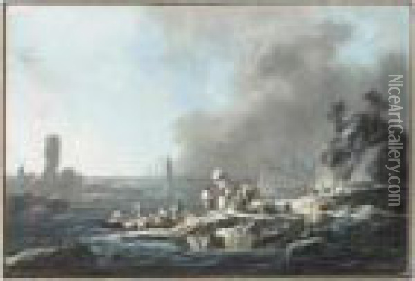 Personnages Sur Un Quai Au Bord De La Mer Apres La Tempete Oil Painting - Jean-Baptiste Pillement