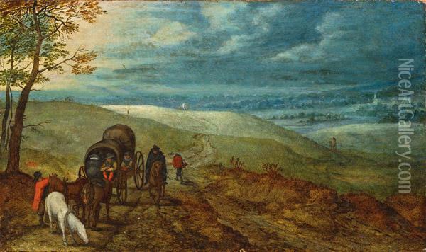 Weite Hugelige Landschaft Mit Planwagen Oil Painting - Jan Brueghel the Younger